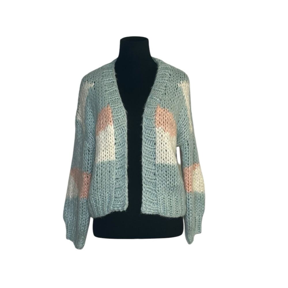 VRG GRL aqua pink patchwork long sleeves open front chunky cardigan size M/L